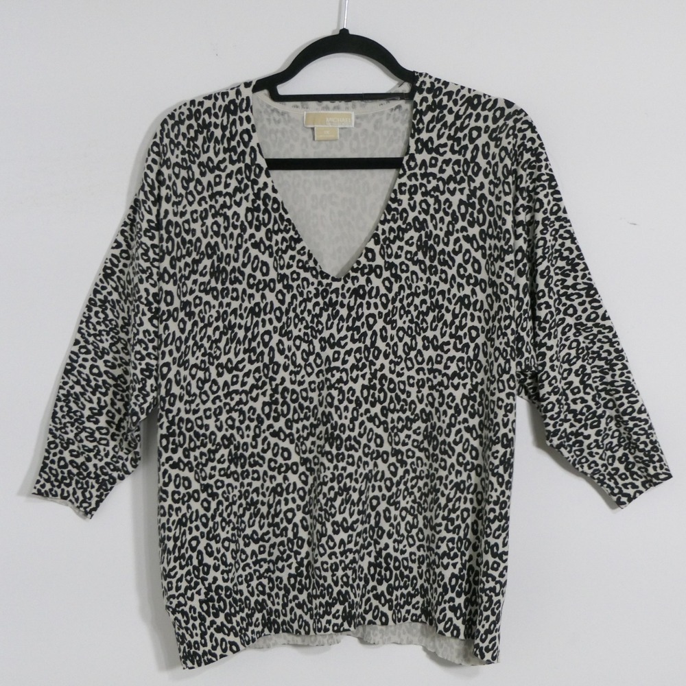 Michael Kors Women Silk Blend Top 1X Cream Brown Leopard Print Mob Wife Layering